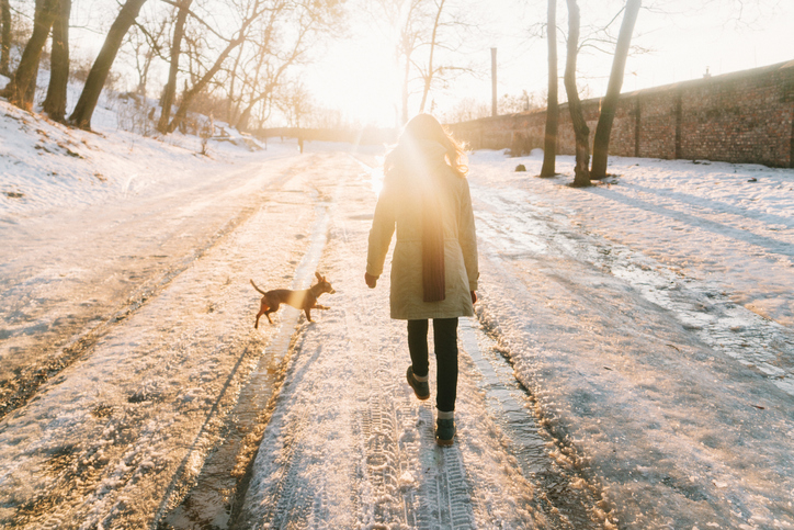 woman walking in park with dog